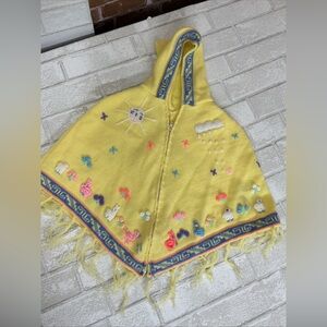 Yellow Kids Hooded Poncho with Embroidery